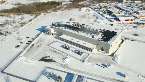 Modern Data Center With Secured Transformer Yard in Winter Industrial Area Stock Footage 331441563