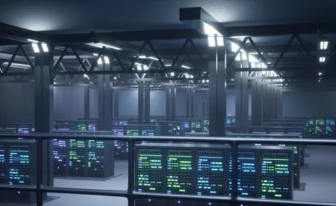 Modern data center with server racks glowing Stock Photos