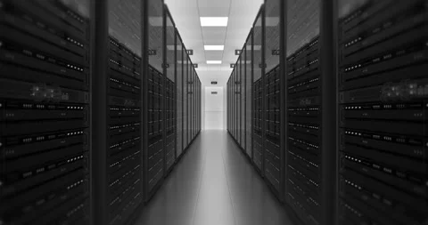 Modern data center server room with glowing racks. Stock Footage 329480158