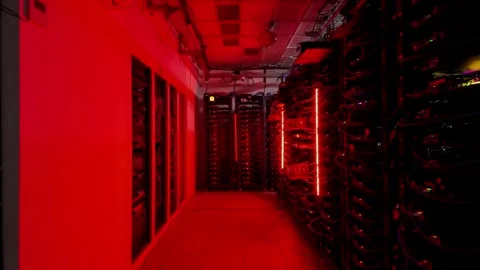 Modern data center server room with dynamic shifting blue and red neon ligh.. Stock Footage 339640099