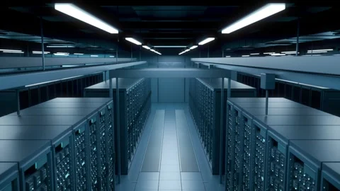 Modern Data Center Server Room Corridor with Glowing Server Racks Vídeo Stock 346198353