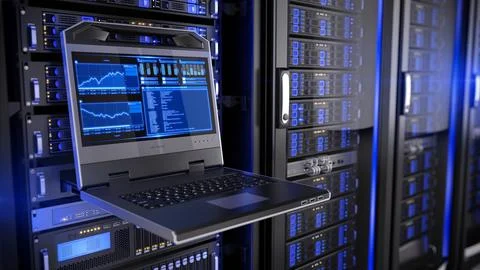 Modern data center server room with open rack Stock Photos