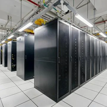 Modern Data Center Server Room with Black Network Cabinets and Overhead Cables Stock Photos