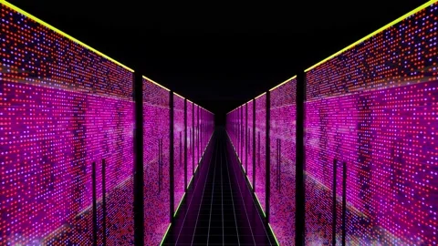 Modern data center servers room with neon lights AI iot learning Video stock 141426266