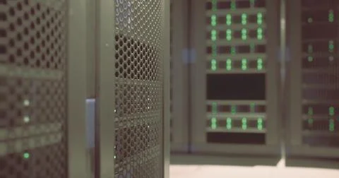 Modern data center showcasing rows of server racks with glowing indicators Stock Illustration