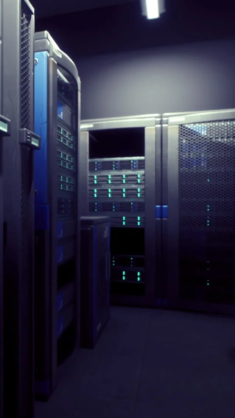 Modern data center with storage racks and servers in a dark room Stock Footage 334108394