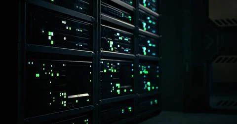 Modern data center with vibrant digital displays lighting the walls Stock Illustration