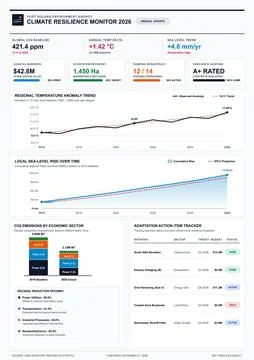 Modern data dashboard displaying climate change statistics, sea level rise, a Stock Illustration
