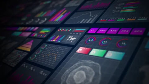 Modern data panels display various interactive charts, graphs Stock Footage 286069883
