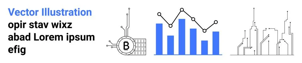 Modern Data Visualization with Bar Graphs, Line Charts, Cryptocurrency Symb.. Illustrazione stock
