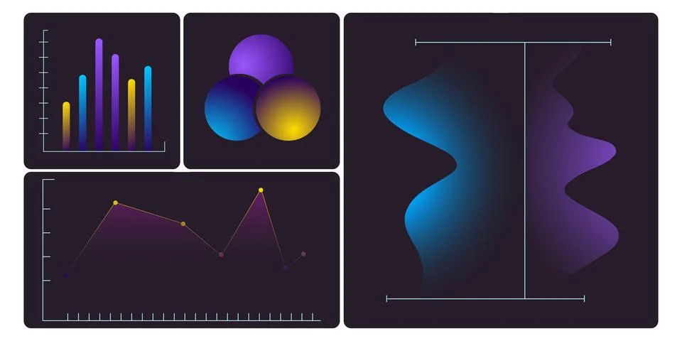 Modern data visualization dashboard UI elements with dark theme gradients.Vector Stock Illustration