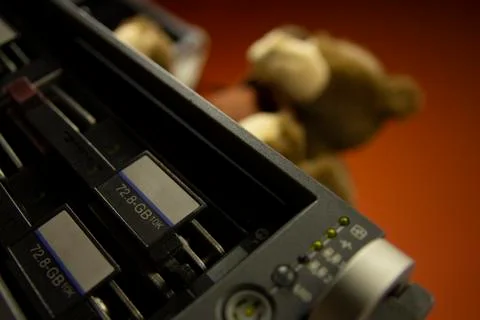 Modern datacenter grade server with a teddy bear on top Stock Photos