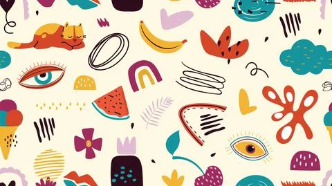 Modern decorative pattern. Cute cat, fruits and contemporary abstract elements 스톡 일러스트