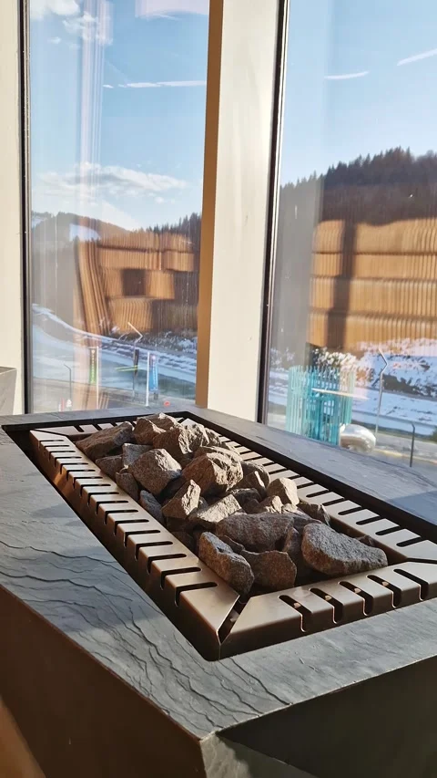 Modern Decorative Stone Fireplace Inside Luxury Ski Resort Hotel 스톡 동영상 338994676