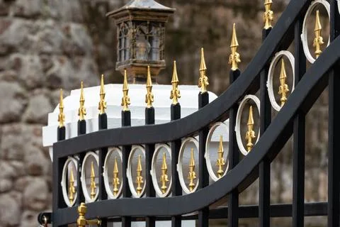 Modern decorative wrought iron elements of metal gates 스톡 사진