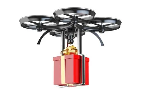 Modern delivery drone with a gift box, 3D rendering Illustrazione stock