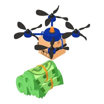 Modern delivery icon isometric vector. Quadcopter drone with box and dollar bill Illustrazione stock