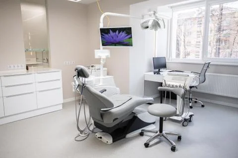 Modern Dental Clinic, Dentist chair and other accessories used by dentists in Stock Photos