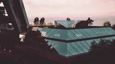 Modern design with angular glass rooftops in a tranquil setting Vídeos de archivo 327192325