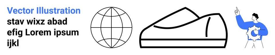 Modern Design Elements with Globe, Shoe, and Man in Blue Outfit Pointing 스톡 일러스트