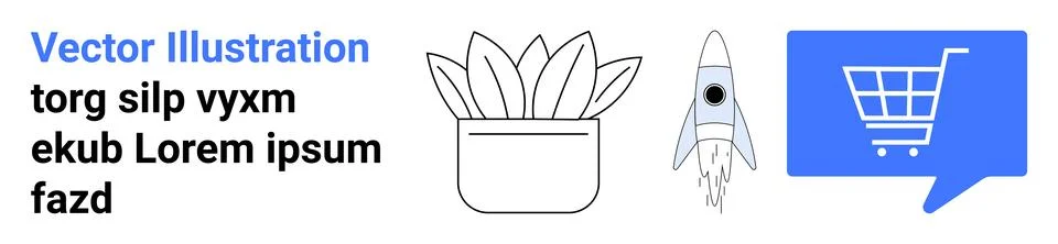 Modern Design Elements Minimalistic Potted Plant, Rocket, Shopping Cart in .. Illustrazione stock