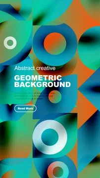 Modern design features vibrant overlapping shapes, text, button. Bold colors Illustrazione stock