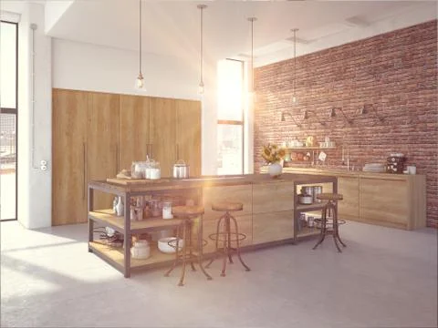 Modern Design Luxurious Kitchen Interior. 3d rendering Stock Illustration