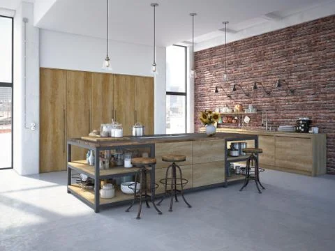 Modern Design Luxurious Kitchen Interior. 3d rendering Stock Illustration