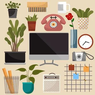 Modern design vector interior items set concept of creative office room inside 스톡 일러스트