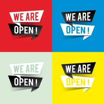 Modern design we are open text on speech bubbles concept. Vector illustration Stock Illustration