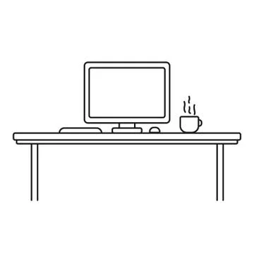 Modern designer work space, linear style. Computer, cup, keyboard and mouse in Ilustración de archivo