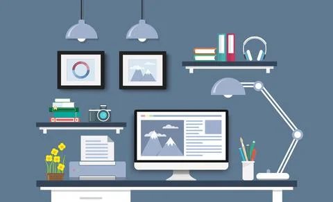 Modern Desk with computer set, documents and stationery. Workplace for the gr Stock Illustration