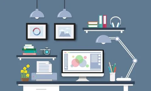 Modern Desk with computer set, documents and stationery. Workplace for the gr Illustrazione stock