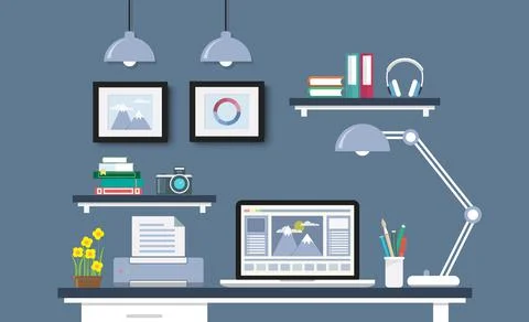 Modern Desk with computer set, documents and stationery. Workplace for the gr Stock Illustration