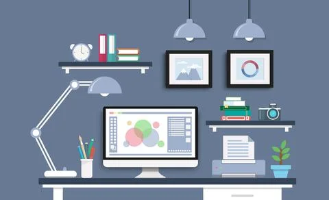 Modern Desk with computer set, documents and stationery. Workplace for the gr Stock Illustration