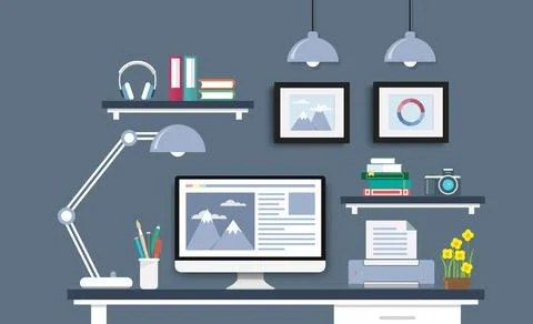 Modern Desk with computer set, documents and stationery. Workplace for the gr Stock Illustration