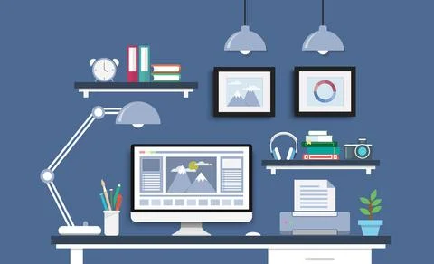 Modern Desk with computer set, documents and stationery. Workplace for the gr 스톡 일러스트