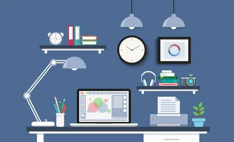 Modern Desk with computer set, documents and stationery. Workplace for the gr Illustrazione stock