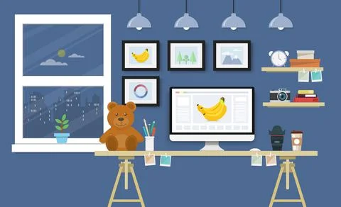 Modern Desk with computer set, documents and stationery. Workplace for the gr Stock Illustration