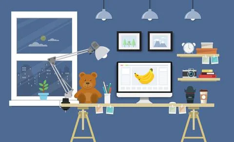 Modern Desk with computer set, documents and stationery. Workplace for the gr 스톡 일러스트