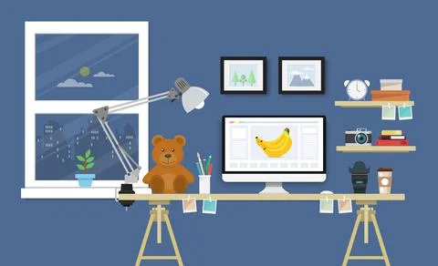 Modern Desk with computer set, documents and stationery. Workplace for the gr 스톡 일러스트