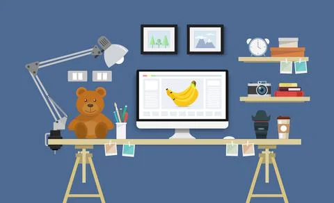 Modern Desk with computer set, documents and stationery. Workplace for the gr Stock Illustration