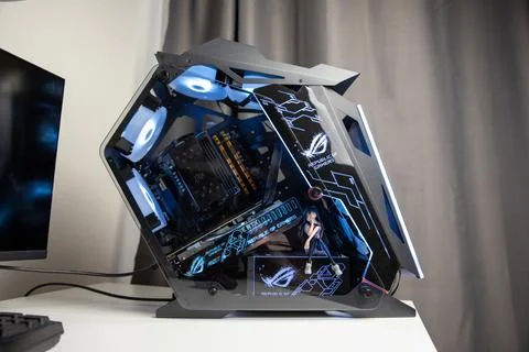 Modern desktop computer case for gaming with transparent side panels Stock Photos