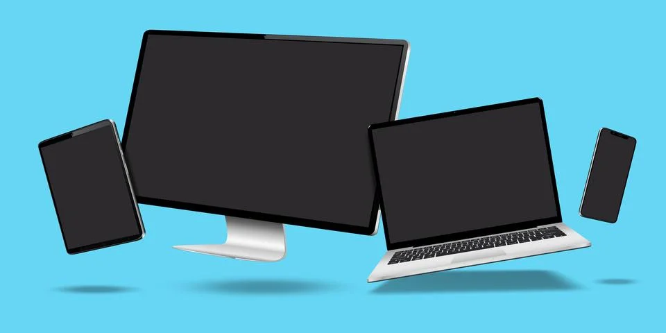 Modern desktop computer, laptop, and tablet mockup with blank screens. Digita Illustrazione stock