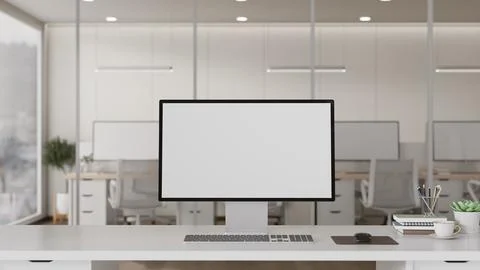 Modern desktop computer mockup on stylish office desk with bookshelf. Stock Illustration