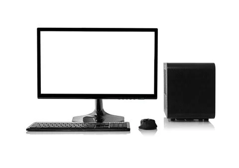 A modern desktop computer setup isolated on a white background with a reflection Foto stock