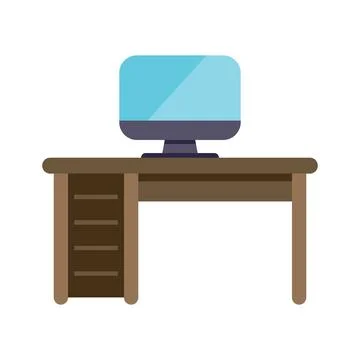 Modern desktop computer sitting on wooden table with drawers Stock Illustration