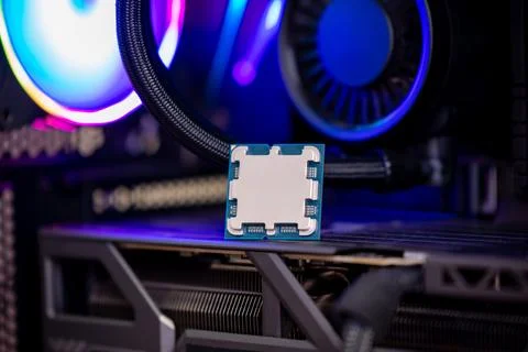 Modern desktop processor installed in high performance computer, showcasing.. Stock Photos