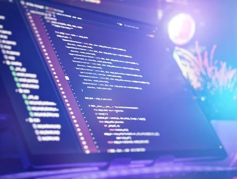 Modern developer setup with glowing blue light Stockfoto's