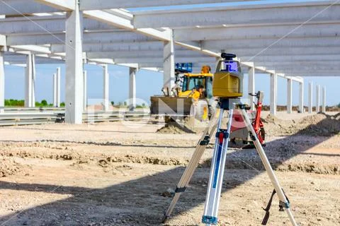 Modern device makes topographic measurements with laser, total center on trip Stock Photos